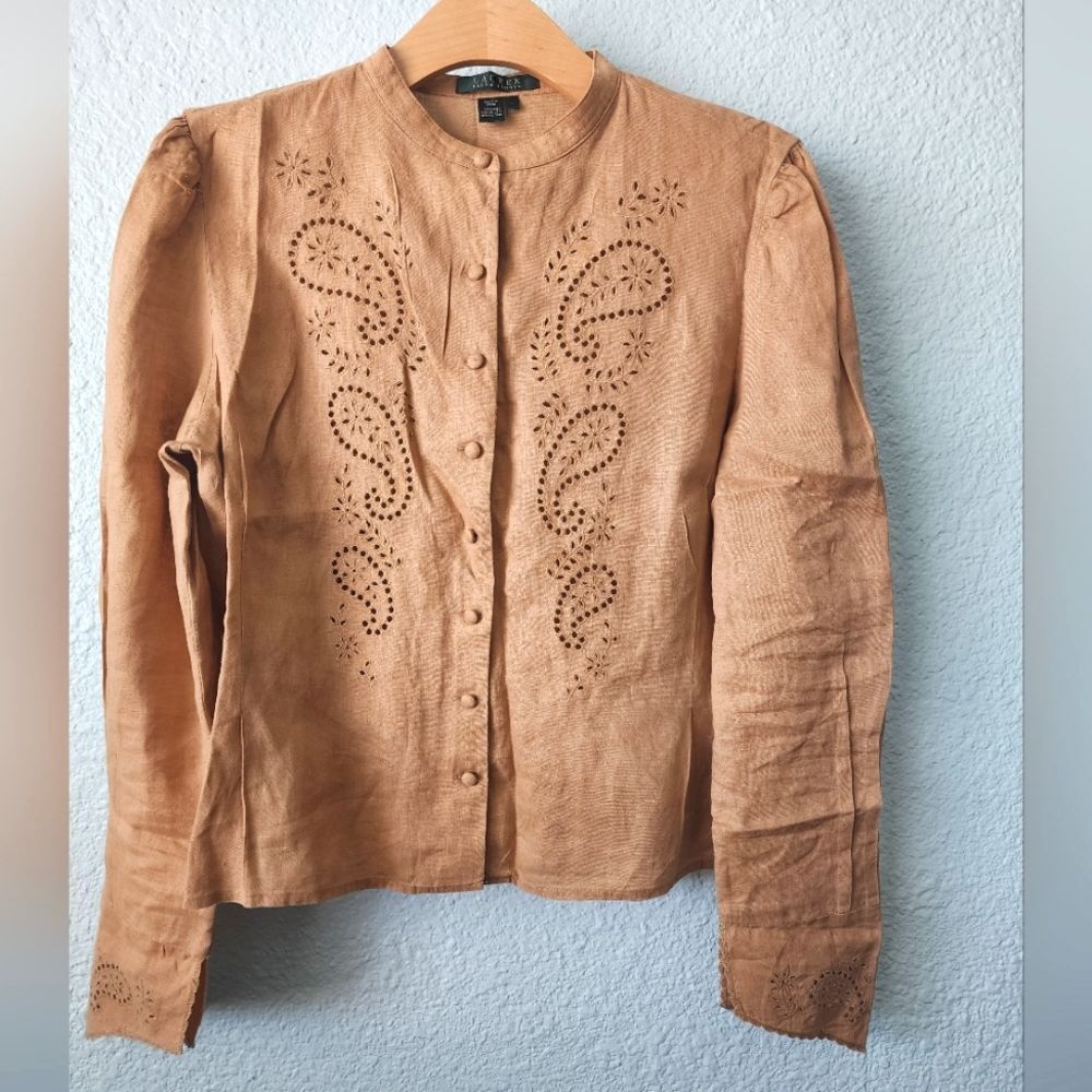 Ralph Lauren blouse linen eyelet  long sleeve bohemian peaseant cottagecore